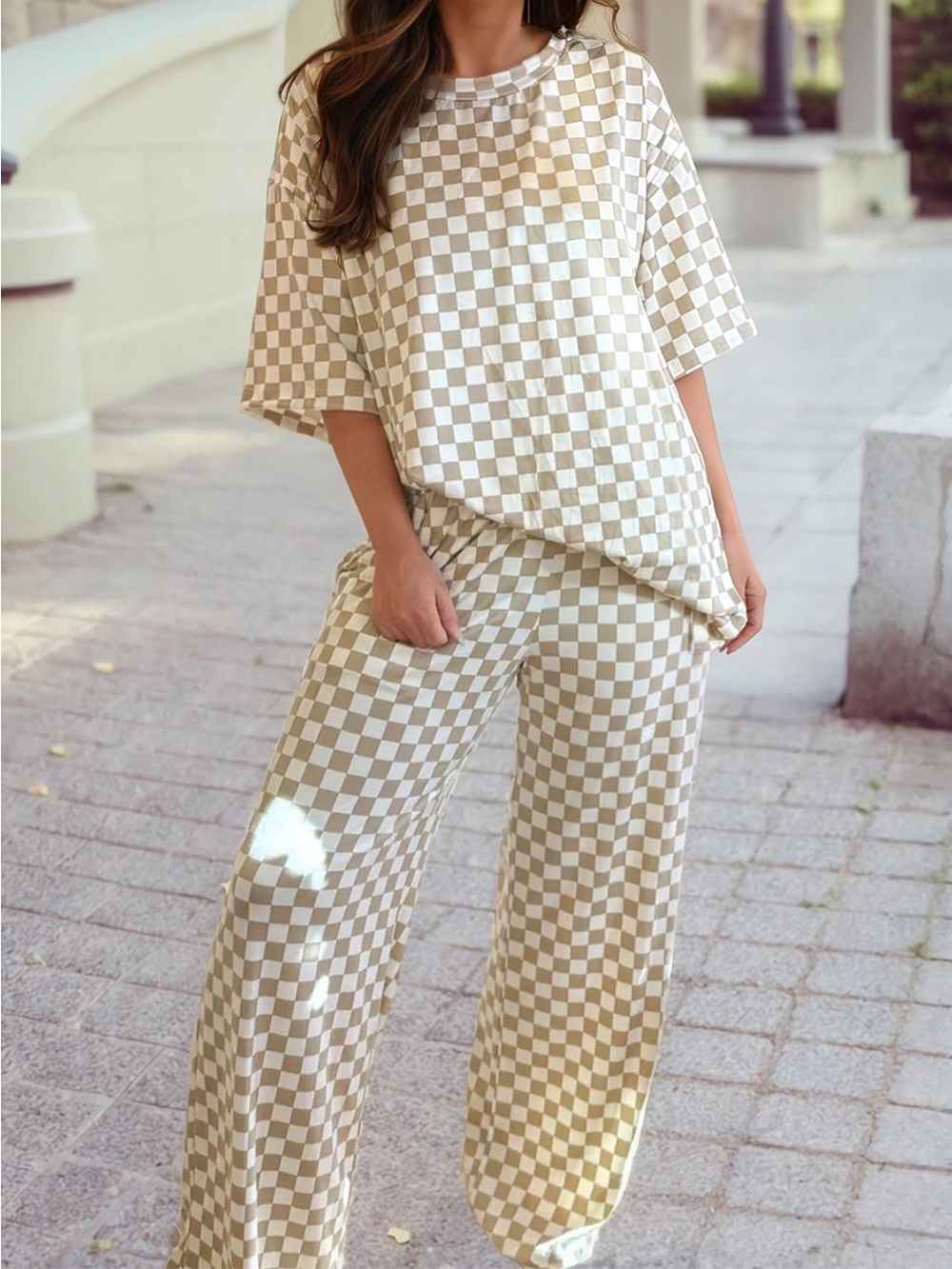 Checkerboard Two-Piece Lounge Set in Cream and White